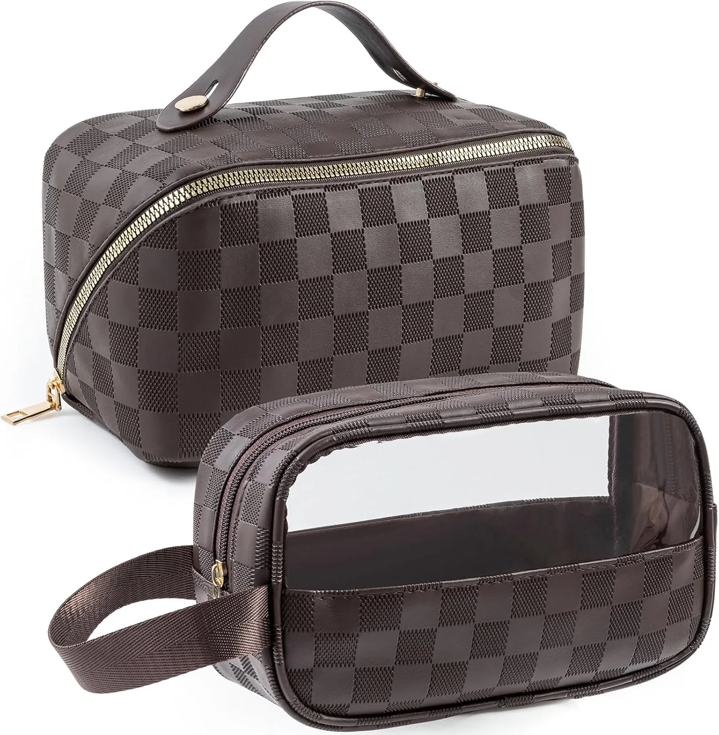 Portable Travel Makeup Bag Set, Women Cosmetics Bags, Large Capacity Makeup Bag Organizers Multipurpose Toiletry Bags Transparent Storage Case for Girls 2 Pcs Brown