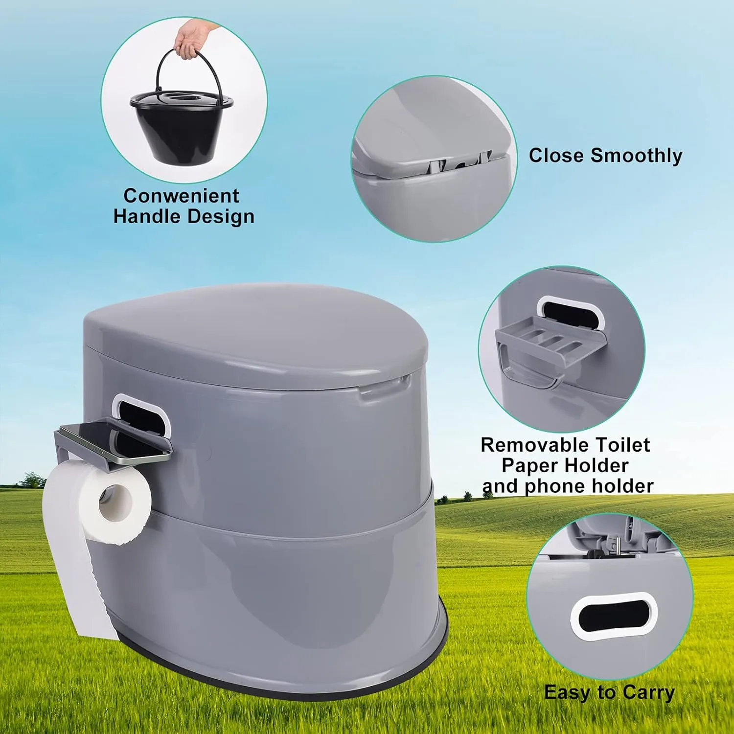 Portable Travel Toilet, with Detachable Inner Bucket and Toilet Paper Holder, for Camping Boat, Hiking, RV, Bedroom and Living Room