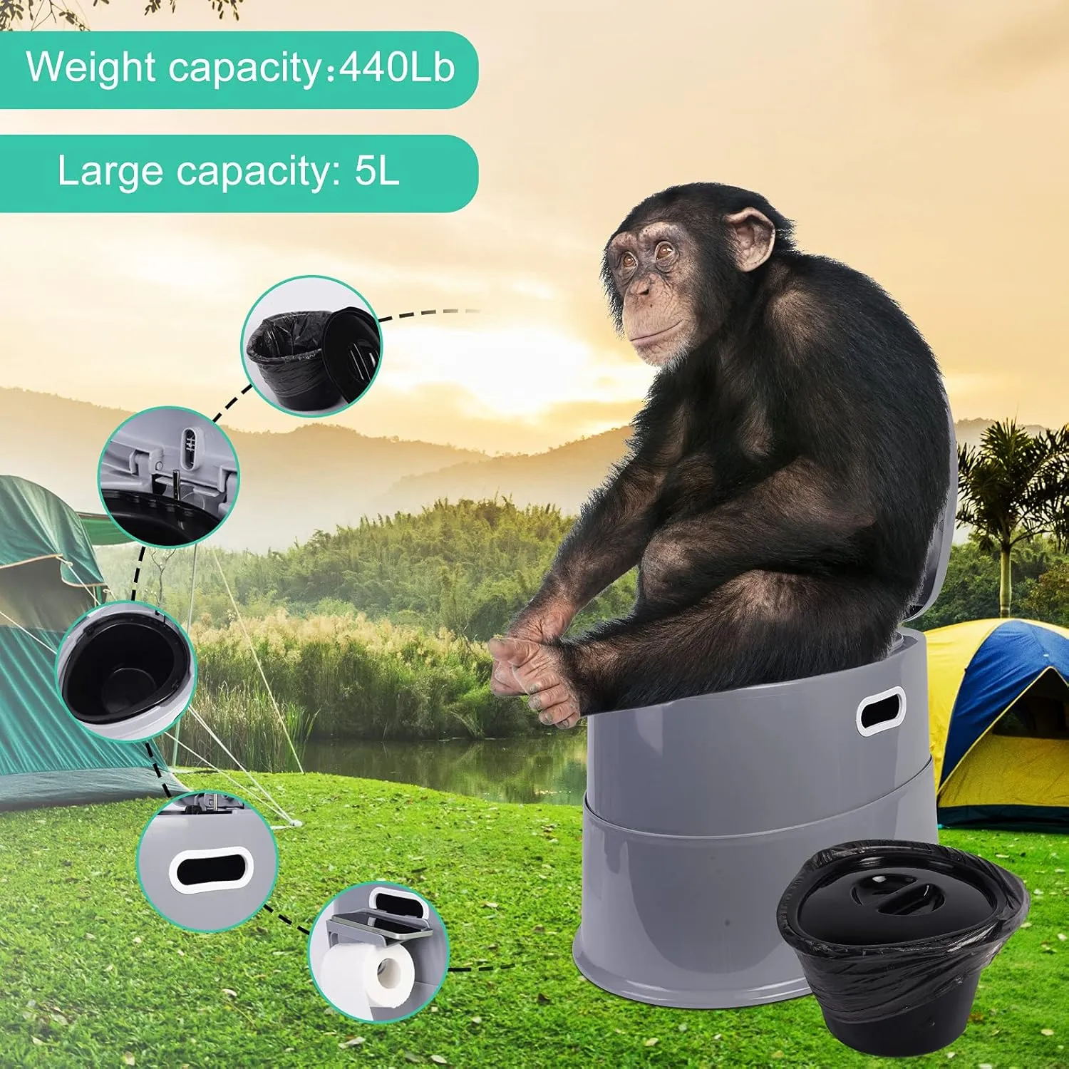 Portable Travel Toilet, with Detachable Inner Bucket and Toilet Paper Holder, for Camping Boat, Hiking, RV, Bedroom and Living Room