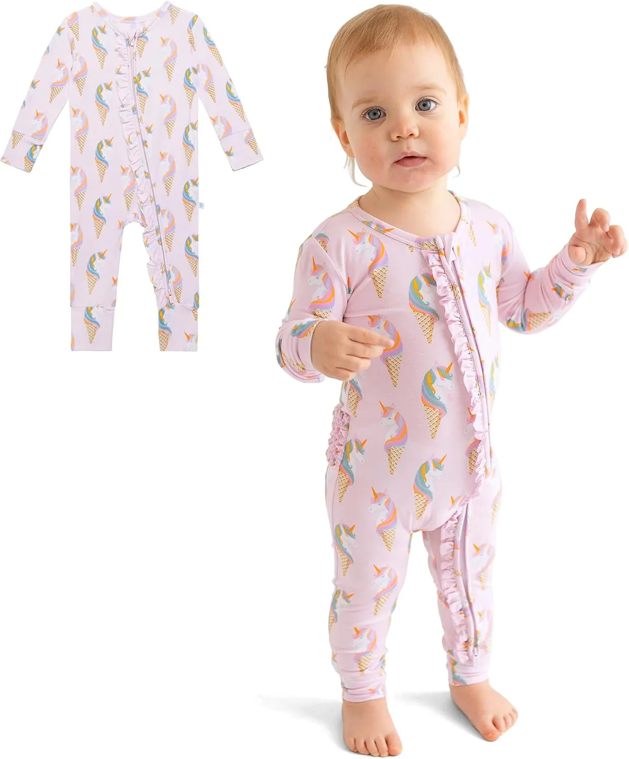 Posh Peanut Footless Baby Girl Pajamas - Viscose from Bamboo Ruffled Baby Sleepers with 2 Way Zipper for Easy Diaper Changes