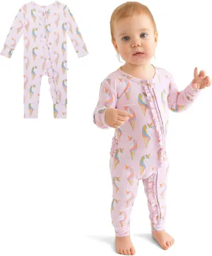 Posh Peanut Footless Baby Girl Pajamas - Viscose from Bamboo Ruffled Baby Sleepers with 2 Way Zipper for Easy Diaper Changes