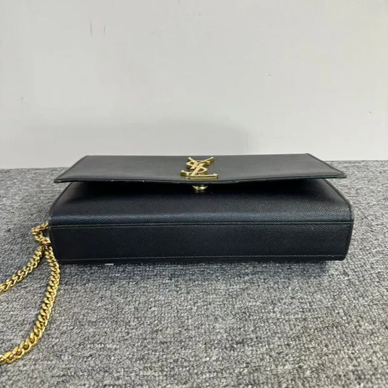 Preloved YSL Saint Laurent Kate Black Leather Clutch Bag with Gold Chain