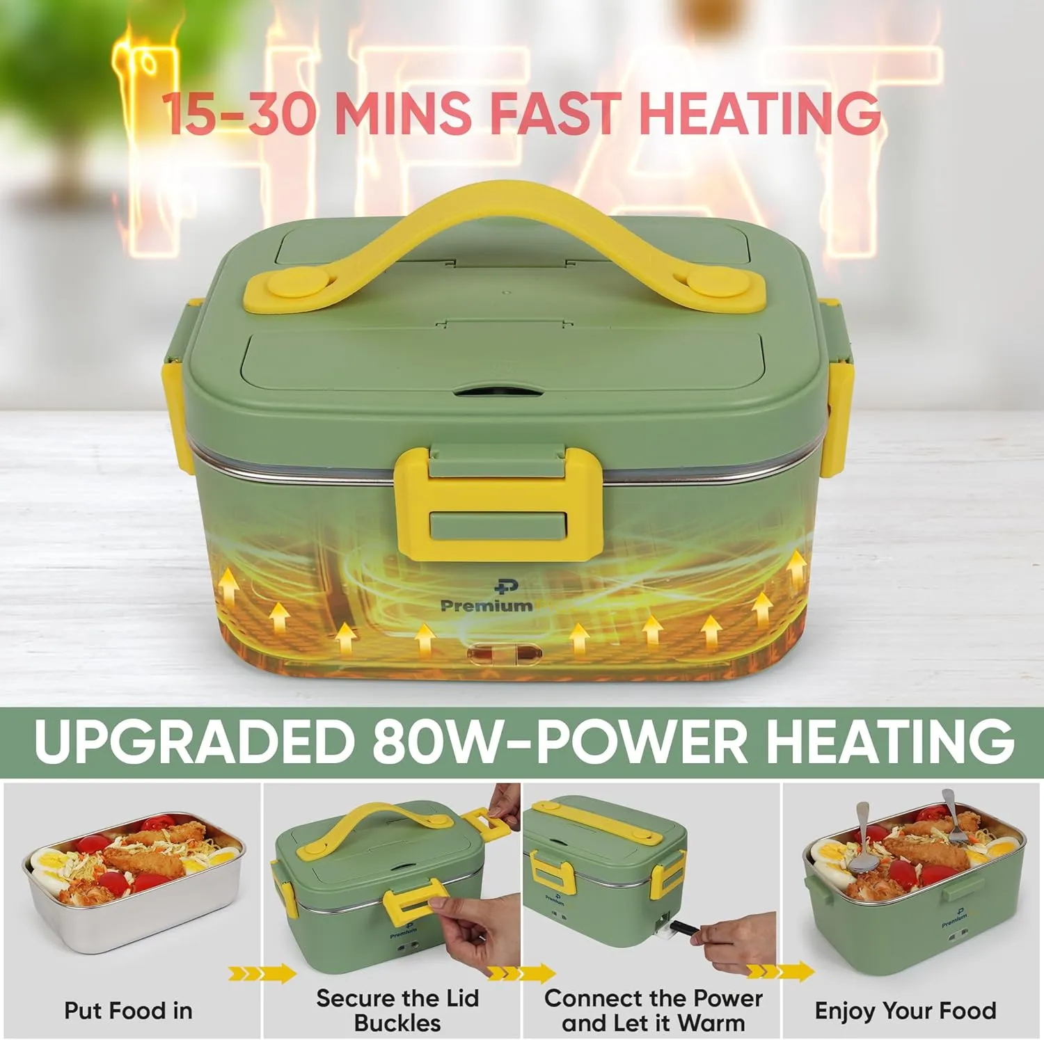 PREMIUMPLUS UPGRADED 1.8Ltr 80W 12V/24V/110V Electric Lunch Box Food Heater- Portable Food Warmer - Lunch Box Warmer Portable for Work Car Truck- 1.8L Lunch Warmer- Green, Standard Medium