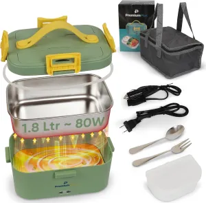 PREMIUMPLUS UPGRADED 1.8Ltr 80W 12V/24V/110V Electric Lunch Box Food Heater- Portable Food Warmer - Lunch Box Warmer Portable for Work Car Truck- 1.8L Lunch Warmer- Green, Standard Medium