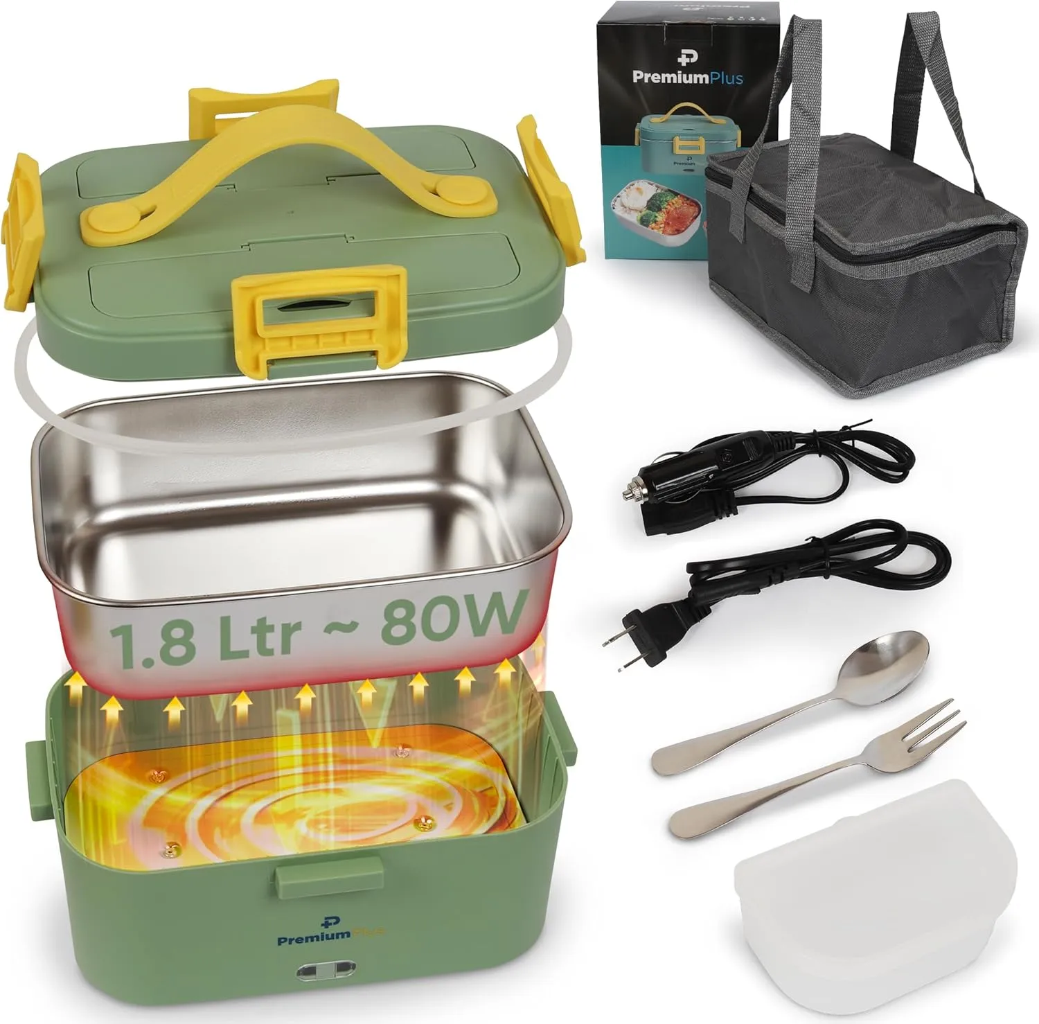 PREMIUMPLUS UPGRADED 1.8Ltr 80W 12V/24V/110V Electric Lunch Box Food Heater- Portable Food Warmer - Lunch Box Warmer Portable for Work Car Truck- 1.8L Lunch Warmer- Green, Standard Medium