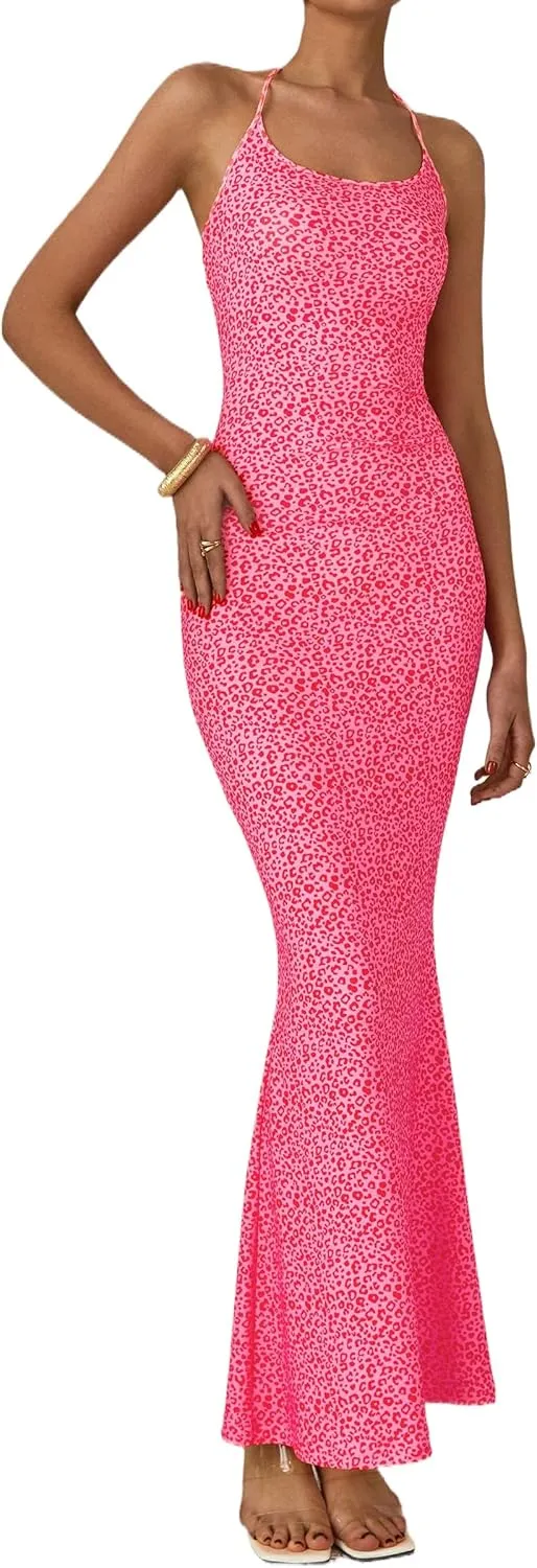 PRETTYGARDEN Maxi Dresses for Women 2025 Summer Halter Leopard Print Sleeveless Sexy Bodycon Cruise Cocktail Long Dress