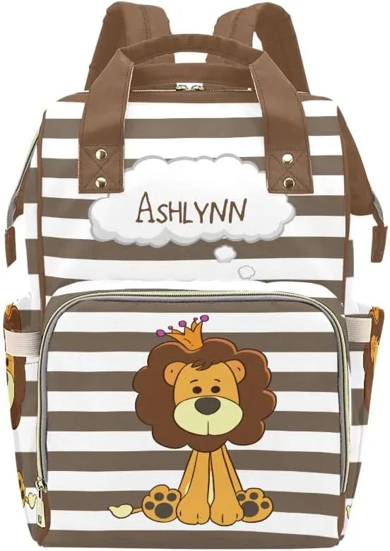 Prince Lion Stripe Personalized Diaper Backpack Custom Mommy Bag Unisex Travel Daypack for Mom Dad Boy Girl