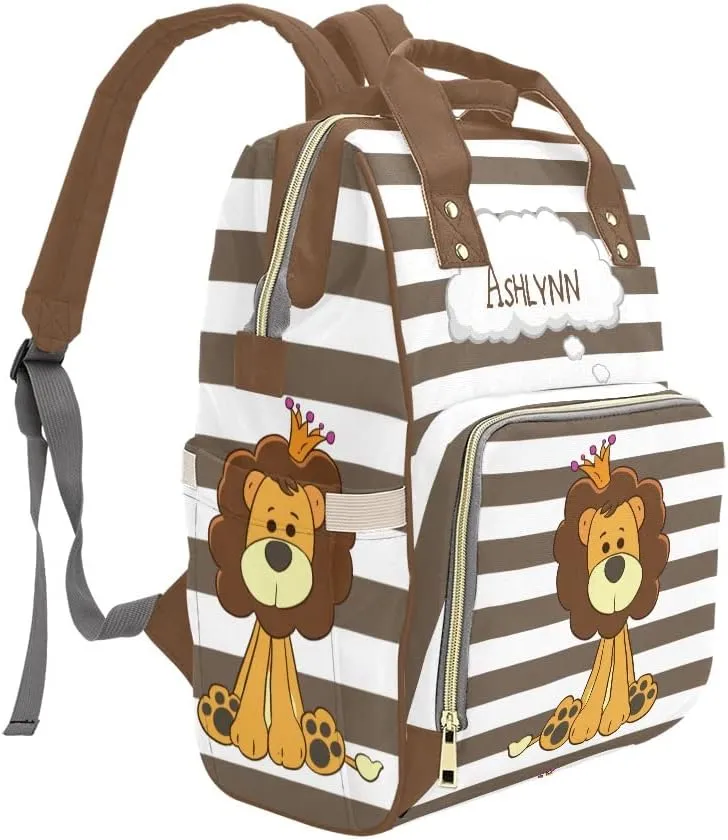Prince Lion Stripe Personalized Diaper Backpack Custom Mommy Bag Unisex Travel Daypack for Mom Dad Boy Girl