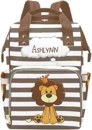 Prince Lion Stripe Personalized Diaper Backpack Custom Mommy Bag Unisex Travel Daypack for Mom Dad Boy Girl
