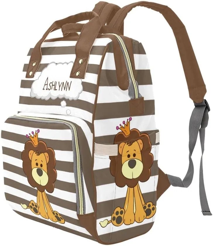 Prince Lion Stripe Personalized Diaper Backpack Custom Mommy Bag Unisex Travel Daypack for Mom Dad Boy Girl