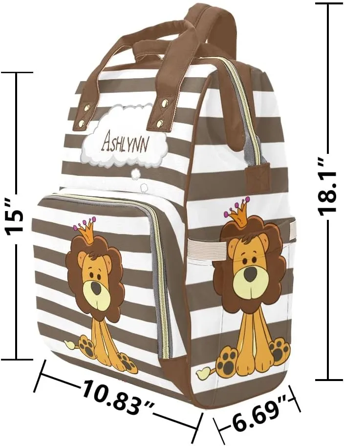 Prince Lion Stripe Personalized Diaper Backpack Custom Mommy Bag Unisex Travel Daypack for Mom Dad Boy Girl