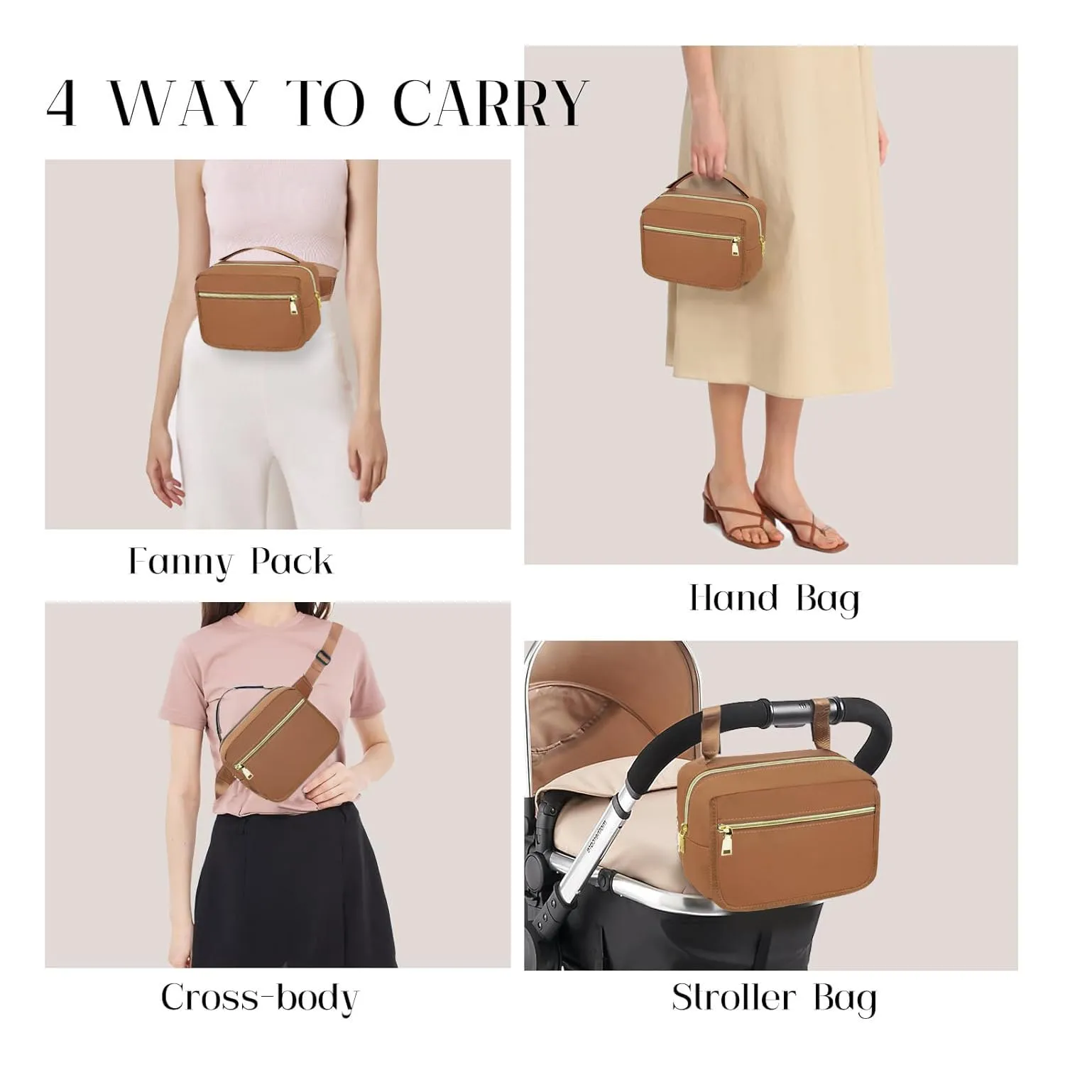 printe Small Diaper Bag with Portable Changing Pad, Crossbody Diaper Pack with Wipes Pocket, Women Waist Bag for Stroller Travel, Brown Large