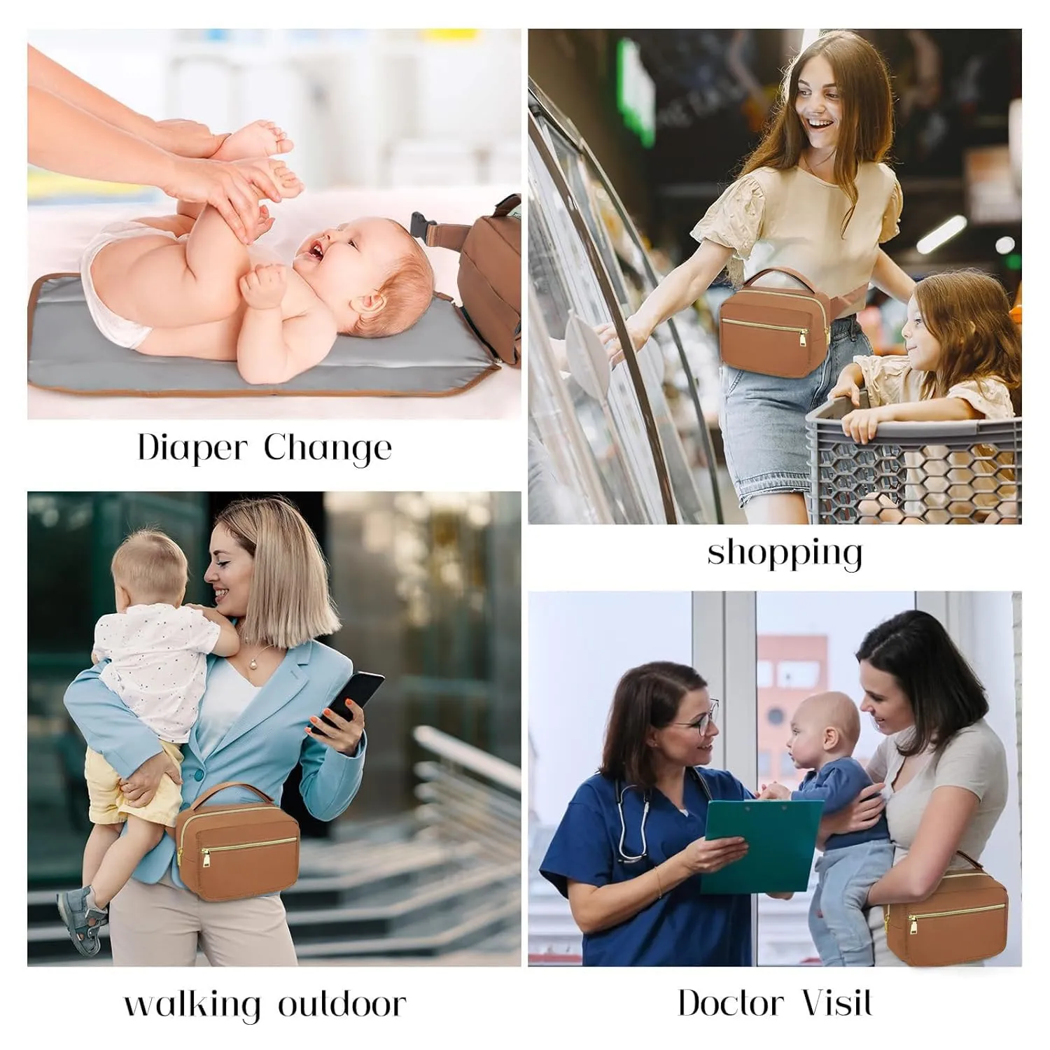 printe Small Diaper Bag with Portable Changing Pad, Crossbody Diaper Pack with Wipes Pocket, Women Waist Bag for Stroller Travel, Brown Large