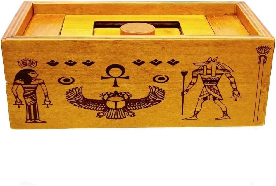 Project Genius Pharaoh's Tomb Classic Wooden Brainteaser Puzzle Box for Kids 8 , Teens, and Adults - Secret Hidden Compartment for Cash, Valuables, and Gift Cards - True Genius Egyptian Trick Box