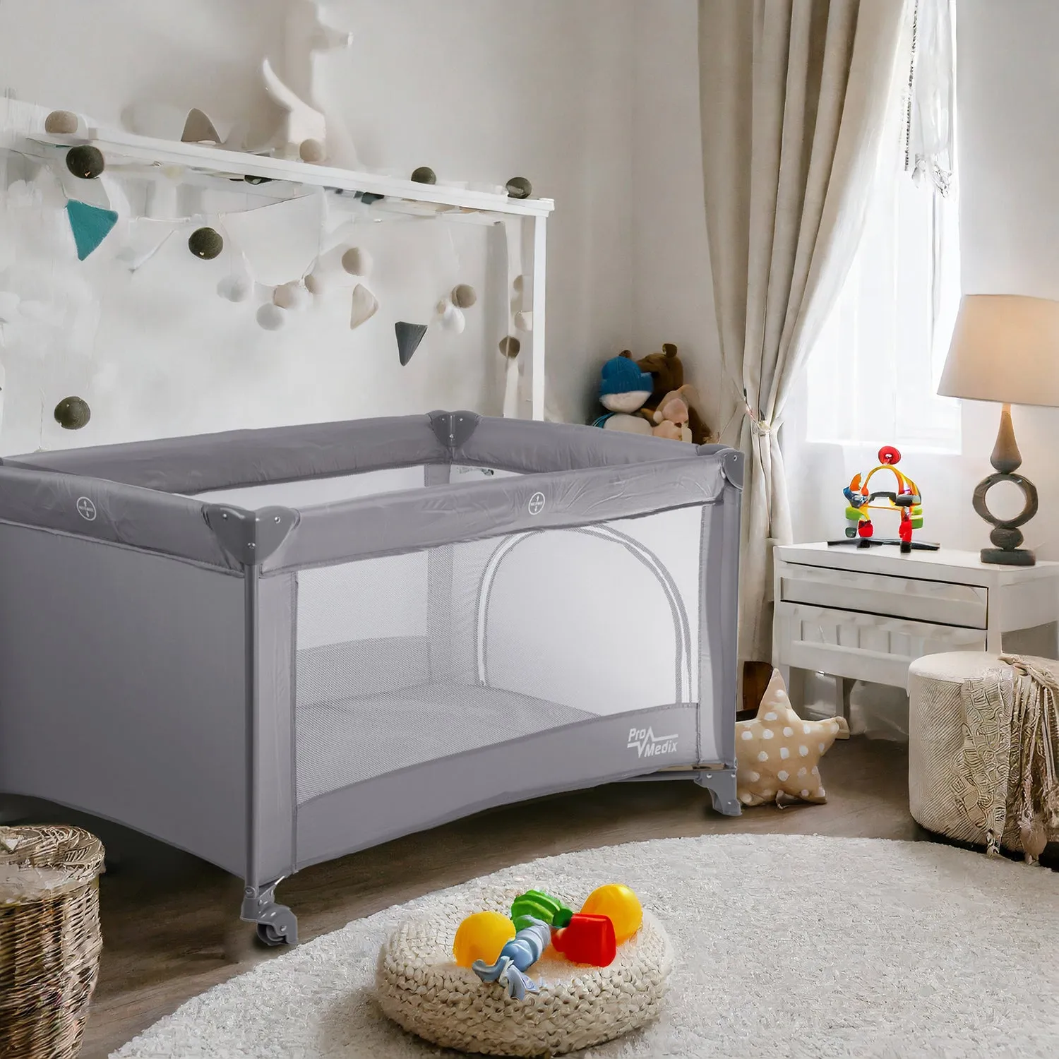 Promedix travel crib, 125x65x74cm, grey, casters, protective cover, PR-803 G   Korbell 9L used diaper container