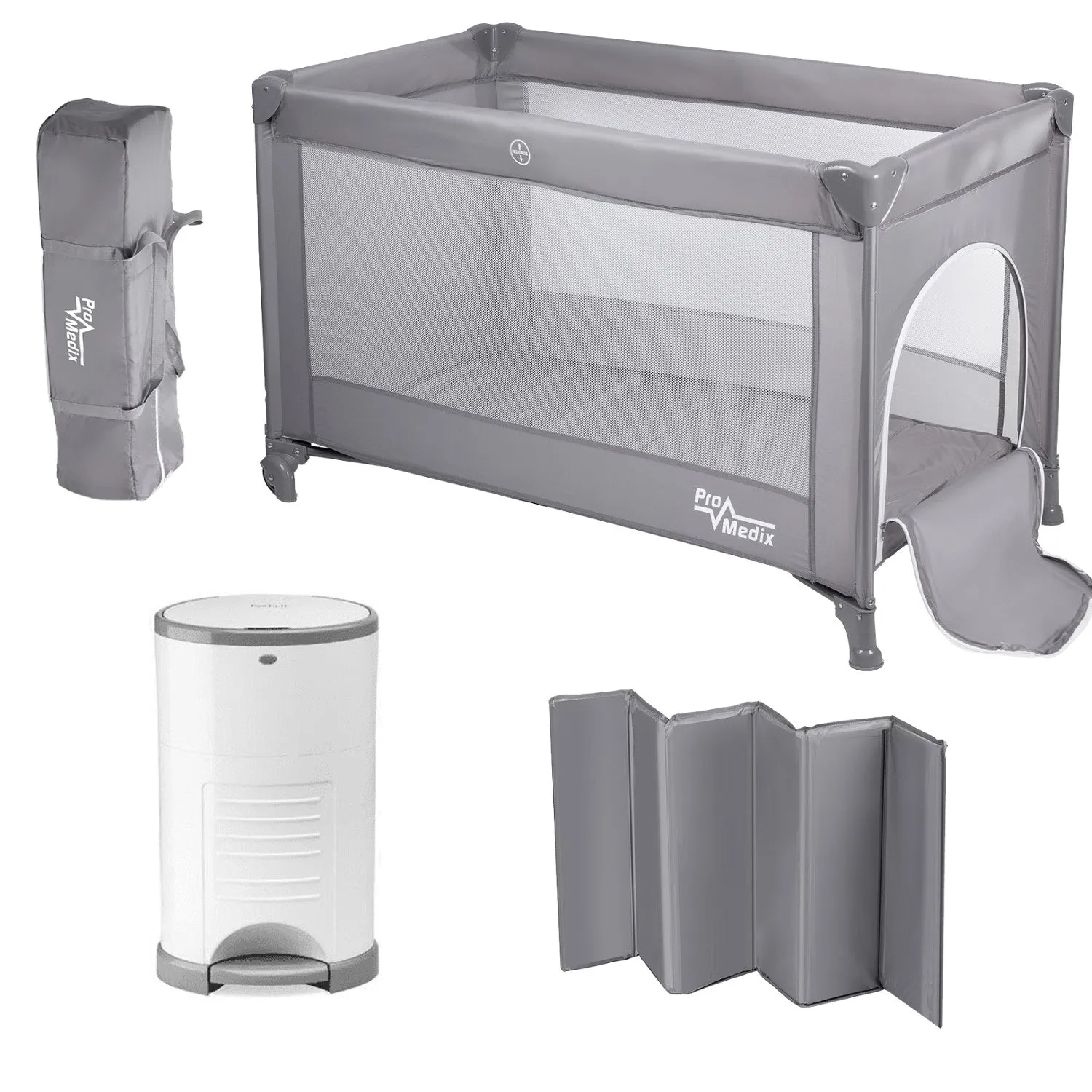 Promedix travel crib, 125x65x74cm, grey, casters, protective cover, PR-803 G   Korbell 9L used diaper container