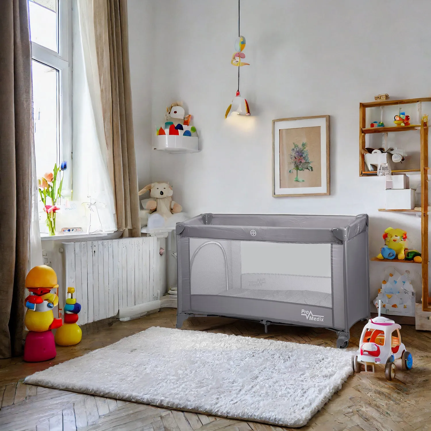 Promedix travel crib, 125x65x74cm, grey, casters, protective cover, PR-803 G   Korbell 9L used diaper container