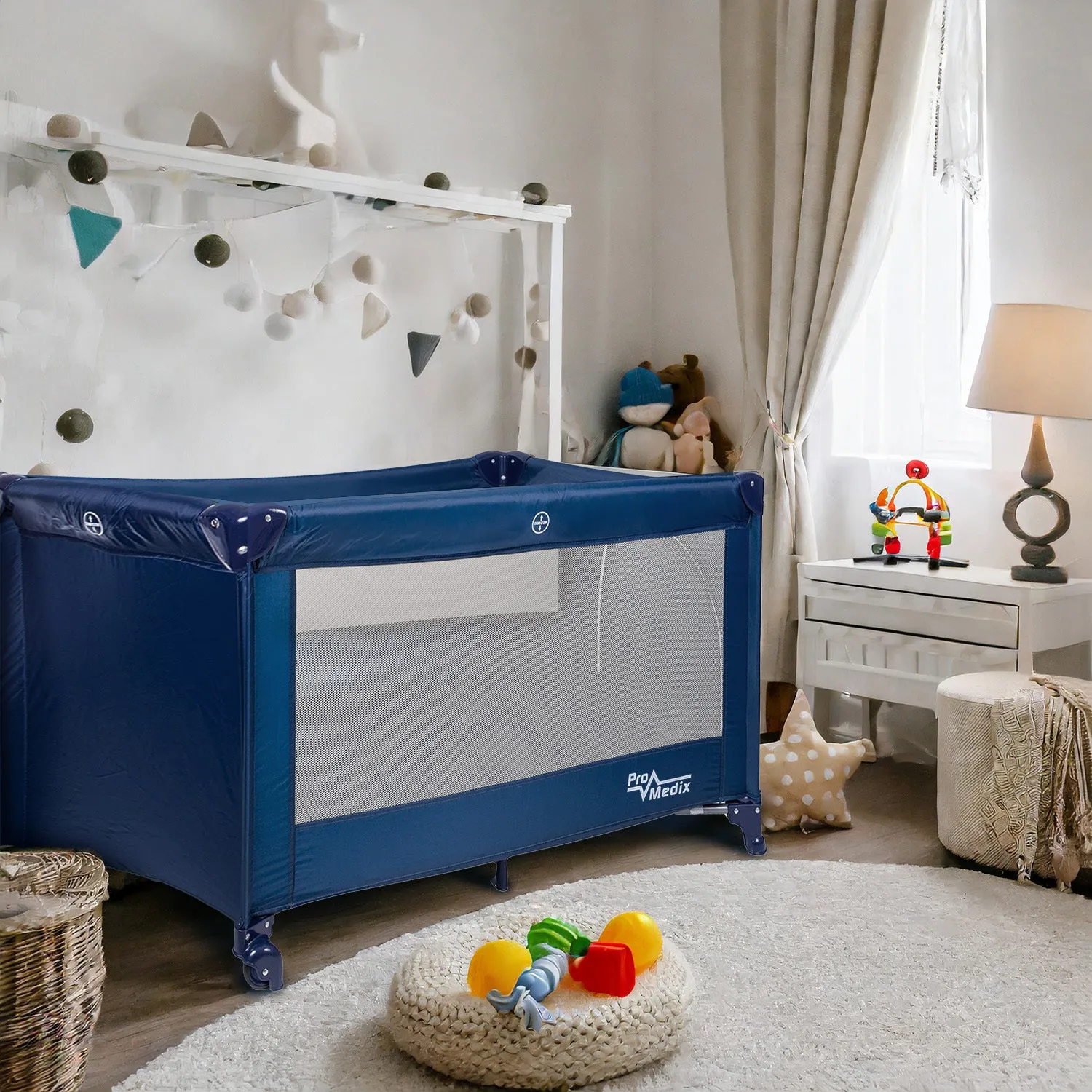 Promedix Travel Set Kids Crib125x65x74cm   9L Diaper Container Mosquito Net Wheels