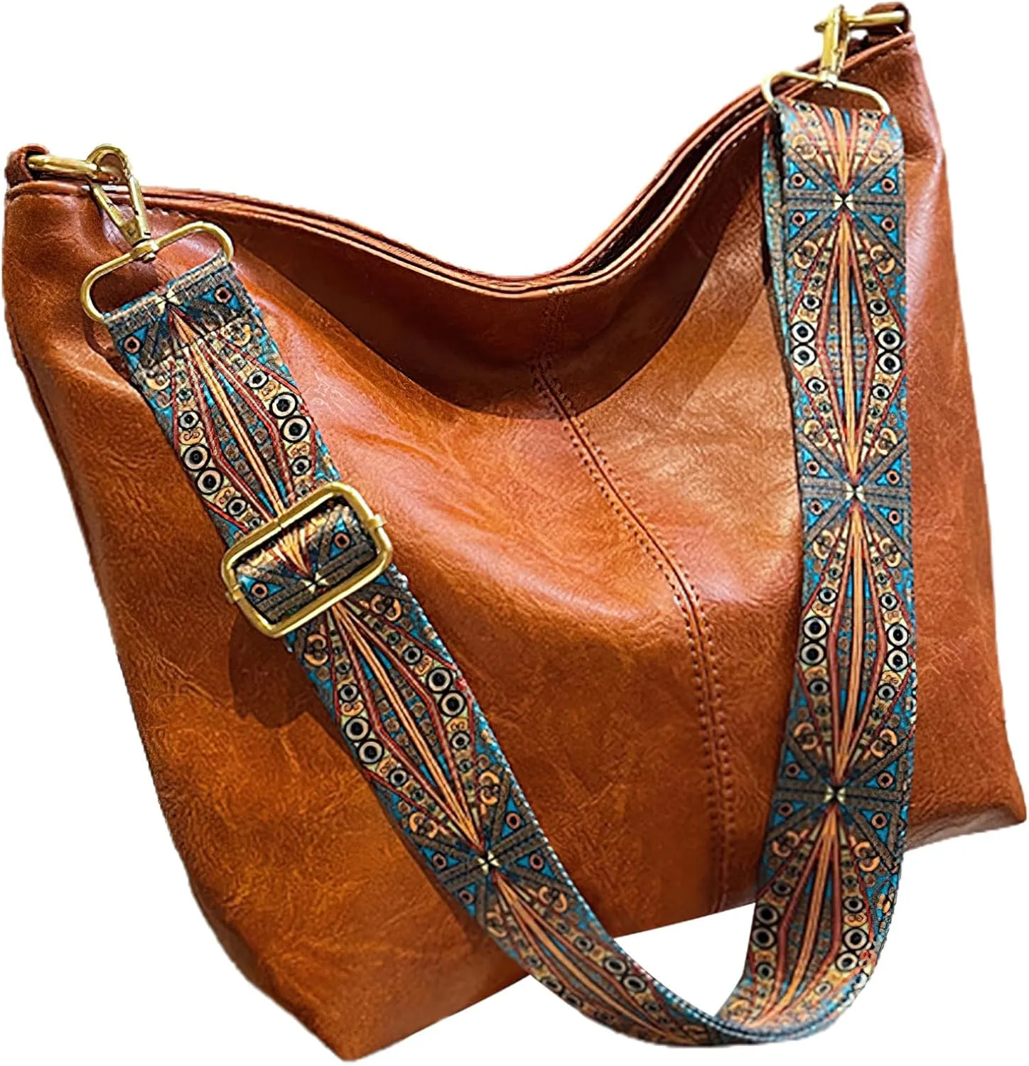 PU Leather Shoulder Bags for Women with Adjustable Guitar Strap Vintage Tote Bag Hobo Purse Vegan Handbag