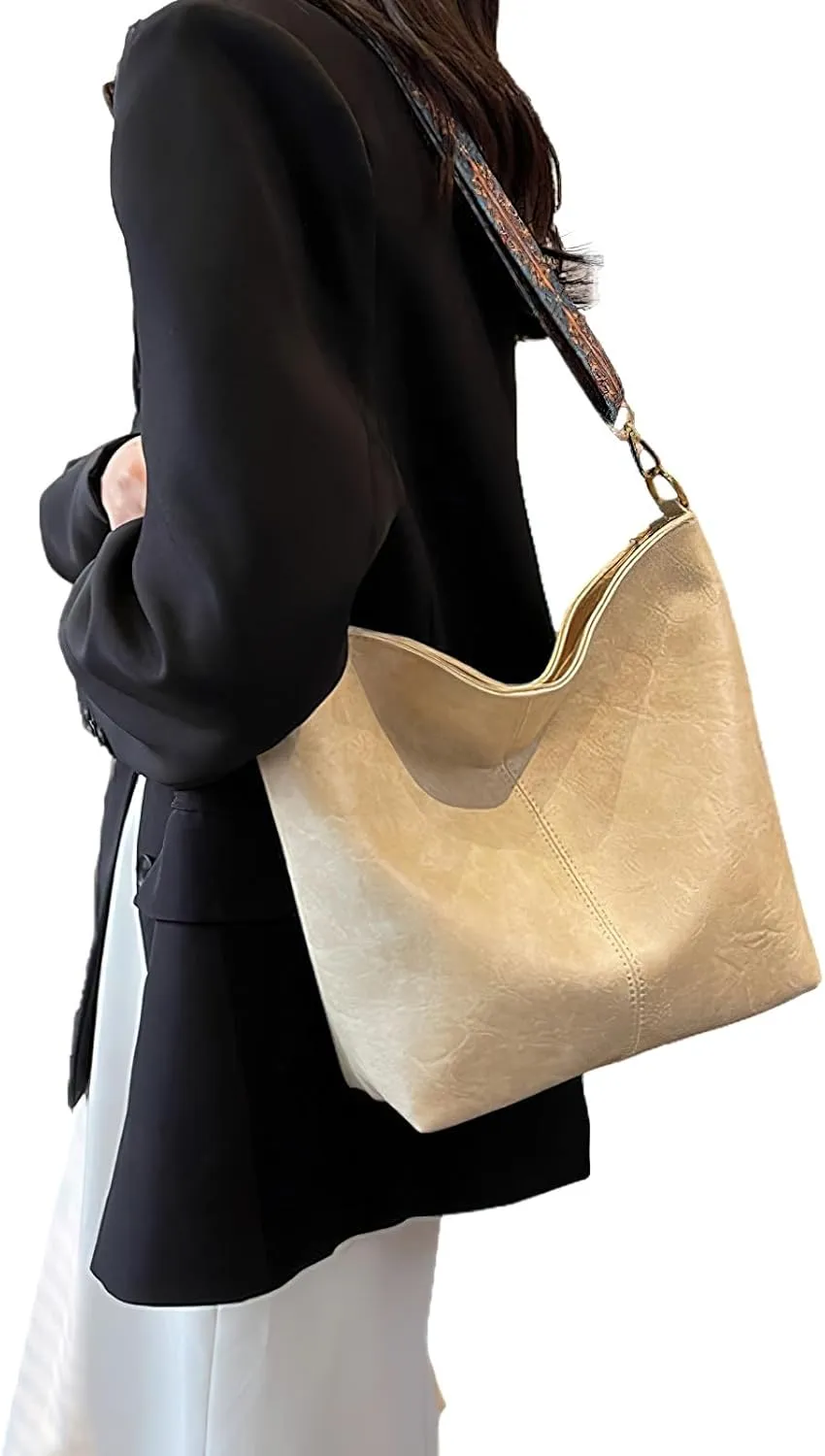PU Leather Shoulder Bags for Women with Adjustable Guitar Strap Vintage Tote Bag Hobo Purse Vegan Handbag