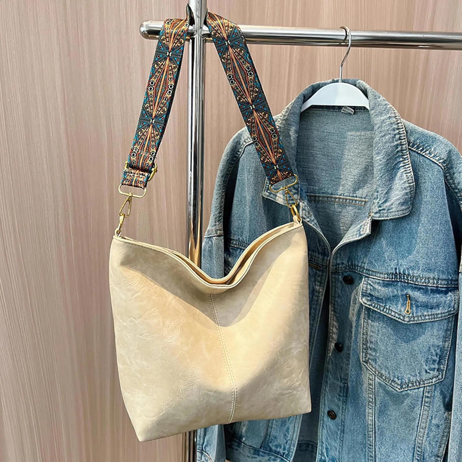 PU Leather Shoulder Bags for Women with Adjustable Guitar Strap Vintage Tote Bag Hobo Purse Vegan Handbag