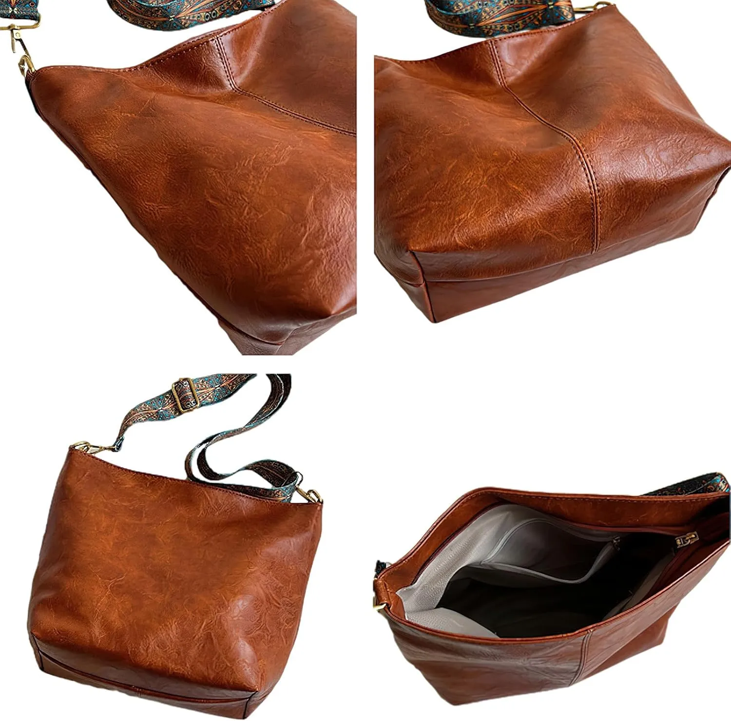 PU Leather Shoulder Bags for Women with Adjustable Guitar Strap Vintage Tote Bag Hobo Purse Vegan Handbag