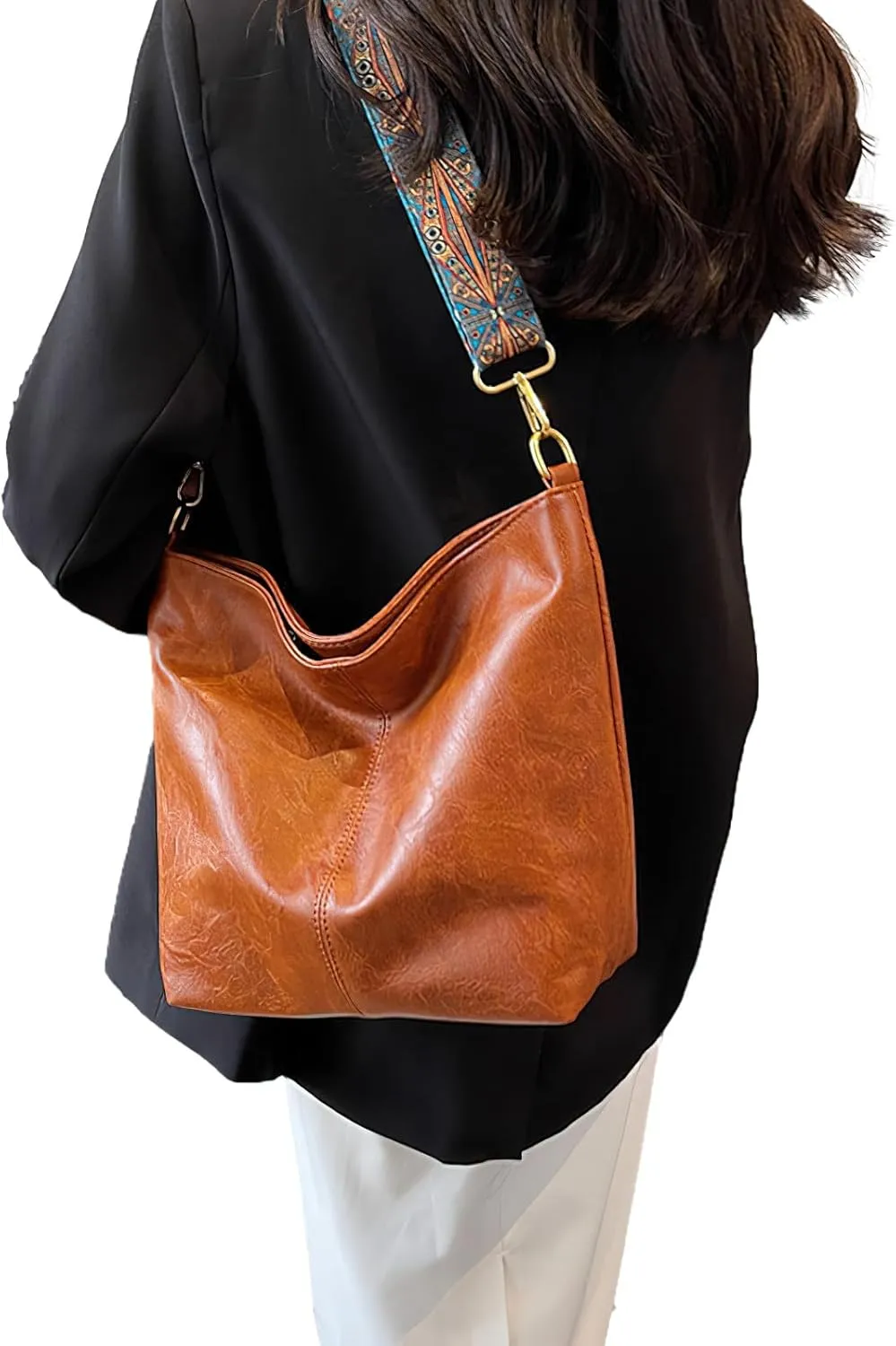 PU Leather Shoulder Bags for Women with Adjustable Guitar Strap Vintage Tote Bag Hobo Purse Vegan Handbag