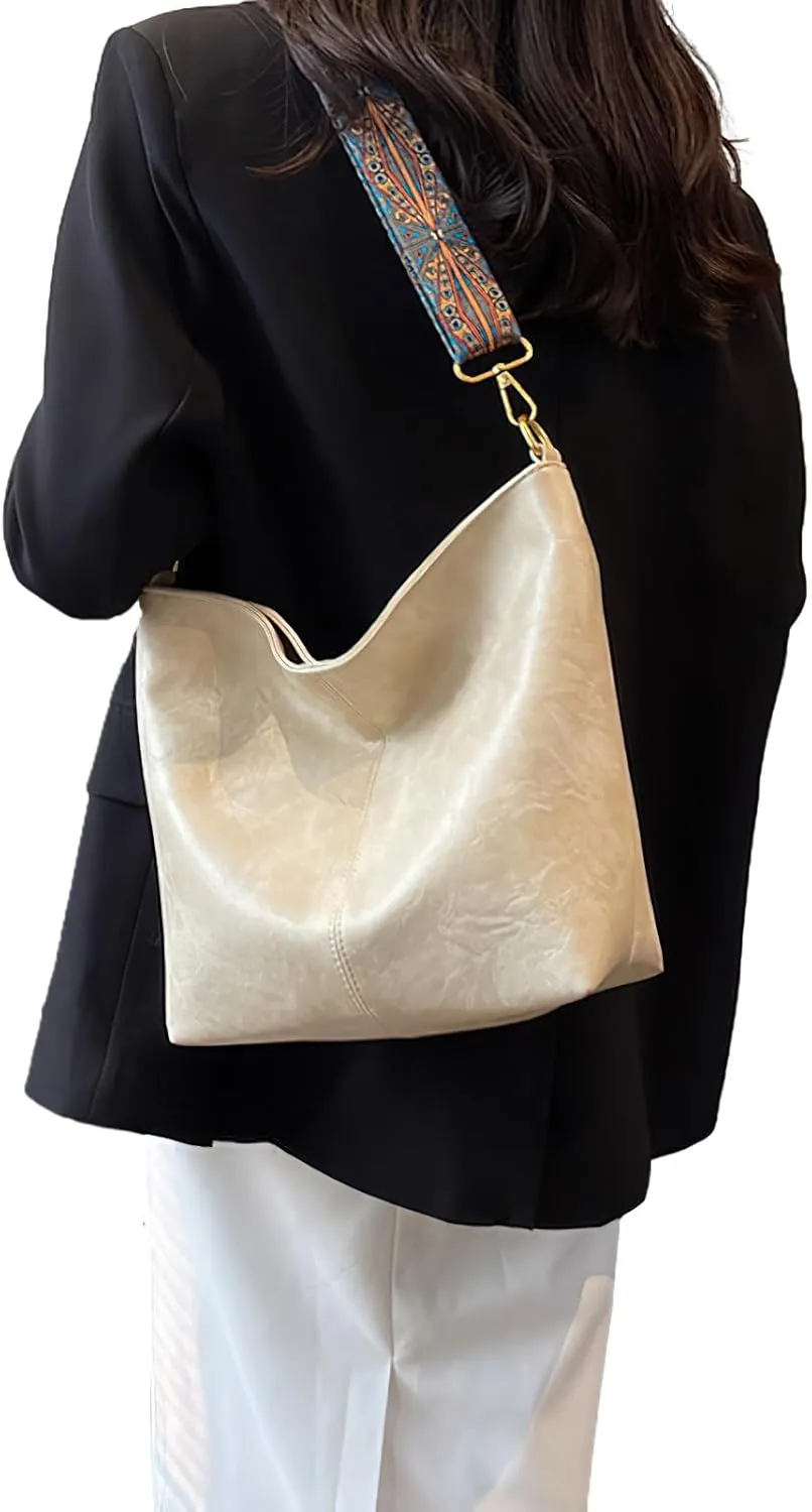 PU Leather Shoulder Bags for Women with Adjustable Guitar Strap Vintage Tote Bag Hobo Purse Vegan Handbag