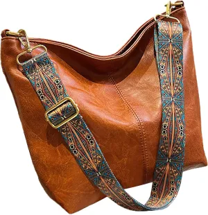 PU Leather Shoulder Bags for Women with Adjustable Guitar Strap Vintage Tote Bag Hobo Purse Vegan Handbag