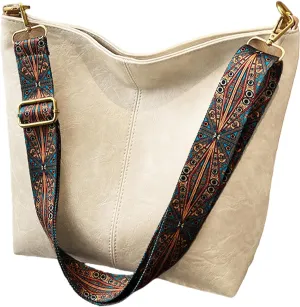 PU Leather Shoulder Bags for Women with Adjustable Guitar Strap Vintage Tote Bag Hobo Purse Vegan Handbag