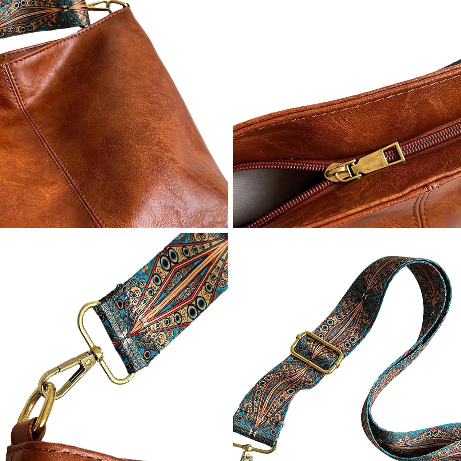 PU Leather Shoulder Bags for Women with Adjustable Guitar Strap Vintage Tote Bag Hobo Purse Vegan Handbag