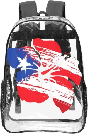 Puerto Rico Pride Flag Hibiscus Flower Boricua 16 Inch Clear PVC Backpacks Transparent Backpack Multipurpose Double Shoulder Bag for Men Women Gifts