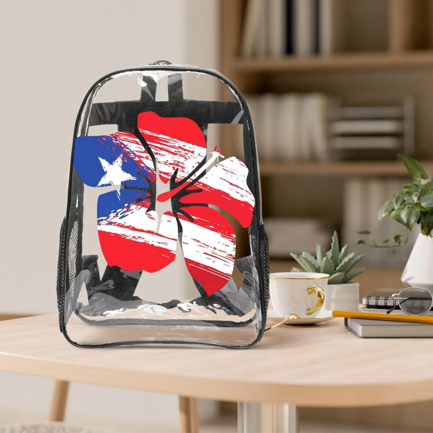 Puerto Rico Pride Flag Hibiscus Flower Boricua 16 Inch Clear PVC Backpacks Transparent Backpack Multipurpose Double Shoulder Bag for Men Women Gifts