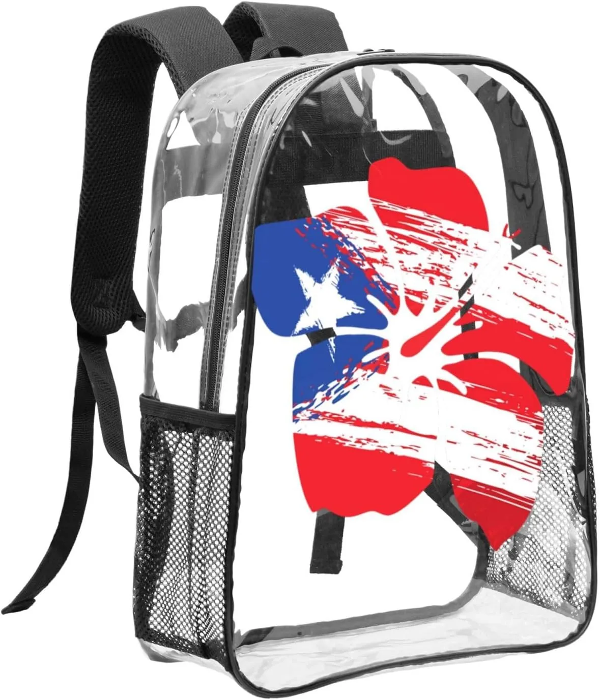 Puerto Rico Pride Flag Hibiscus Flower Boricua 16 Inch Clear PVC Backpacks Transparent Backpack Multipurpose Double Shoulder Bag for Men Women Gifts