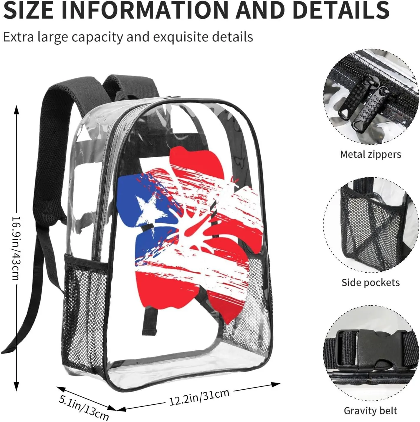 Puerto Rico Pride Flag Hibiscus Flower Boricua 16 Inch Clear PVC Backpacks Transparent Backpack Multipurpose Double Shoulder Bag for Men Women Gifts