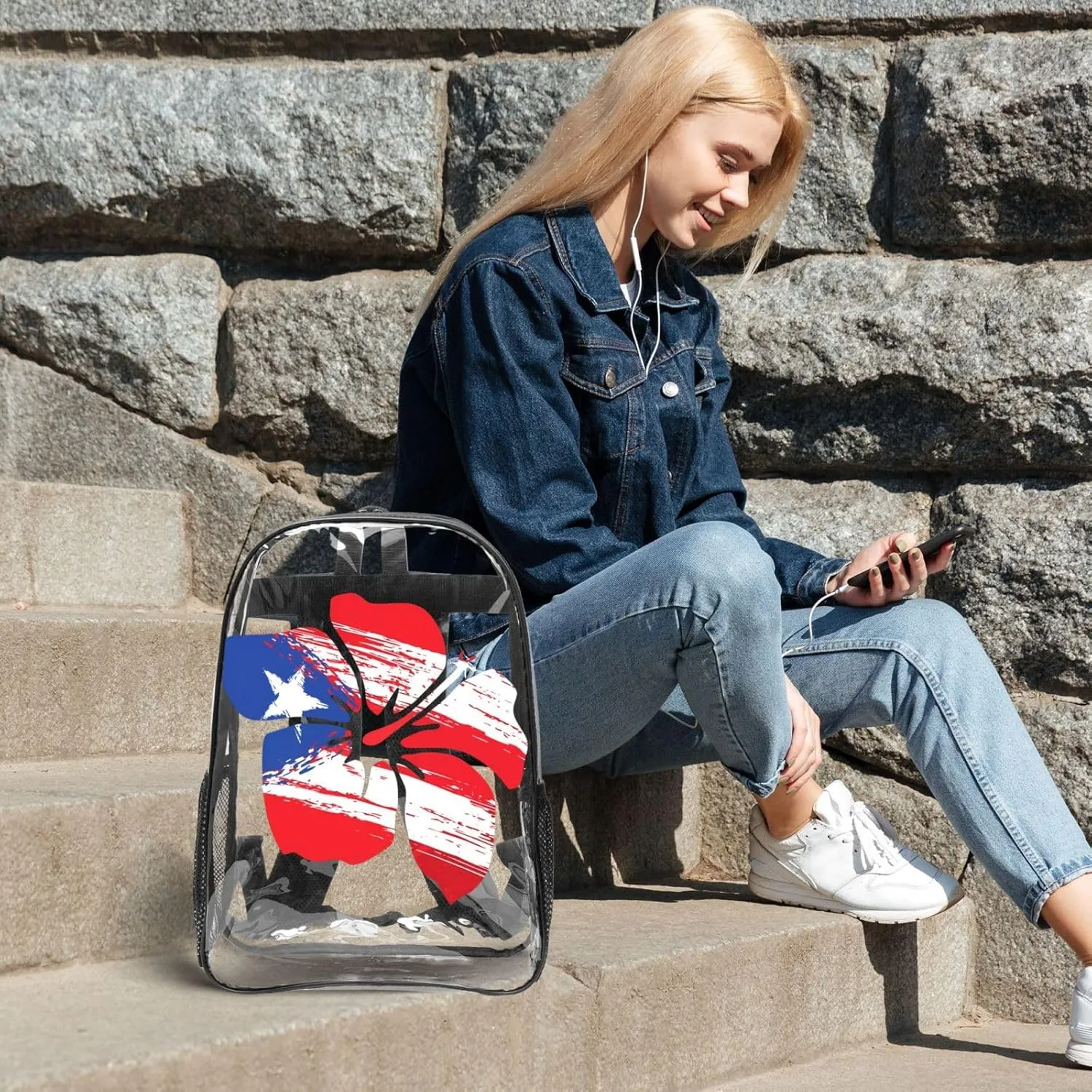 Puerto Rico Pride Flag Hibiscus Flower Boricua 16 Inch Clear PVC Backpacks Transparent Backpack Multipurpose Double Shoulder Bag for Men Women Gifts