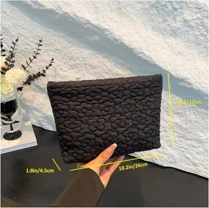 Puffy Quilted Makeup Bag for Women, Cosmetic Bag, Travel Toiletry Organizer Pouch Clutch (Black Flowers)