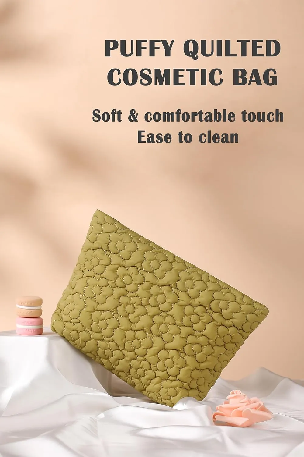 Puffy Quilted Makeup Bag for Women, Cosmetic Bag, Travel Toiletry Organizer Pouch Clutch (Green Flowers)