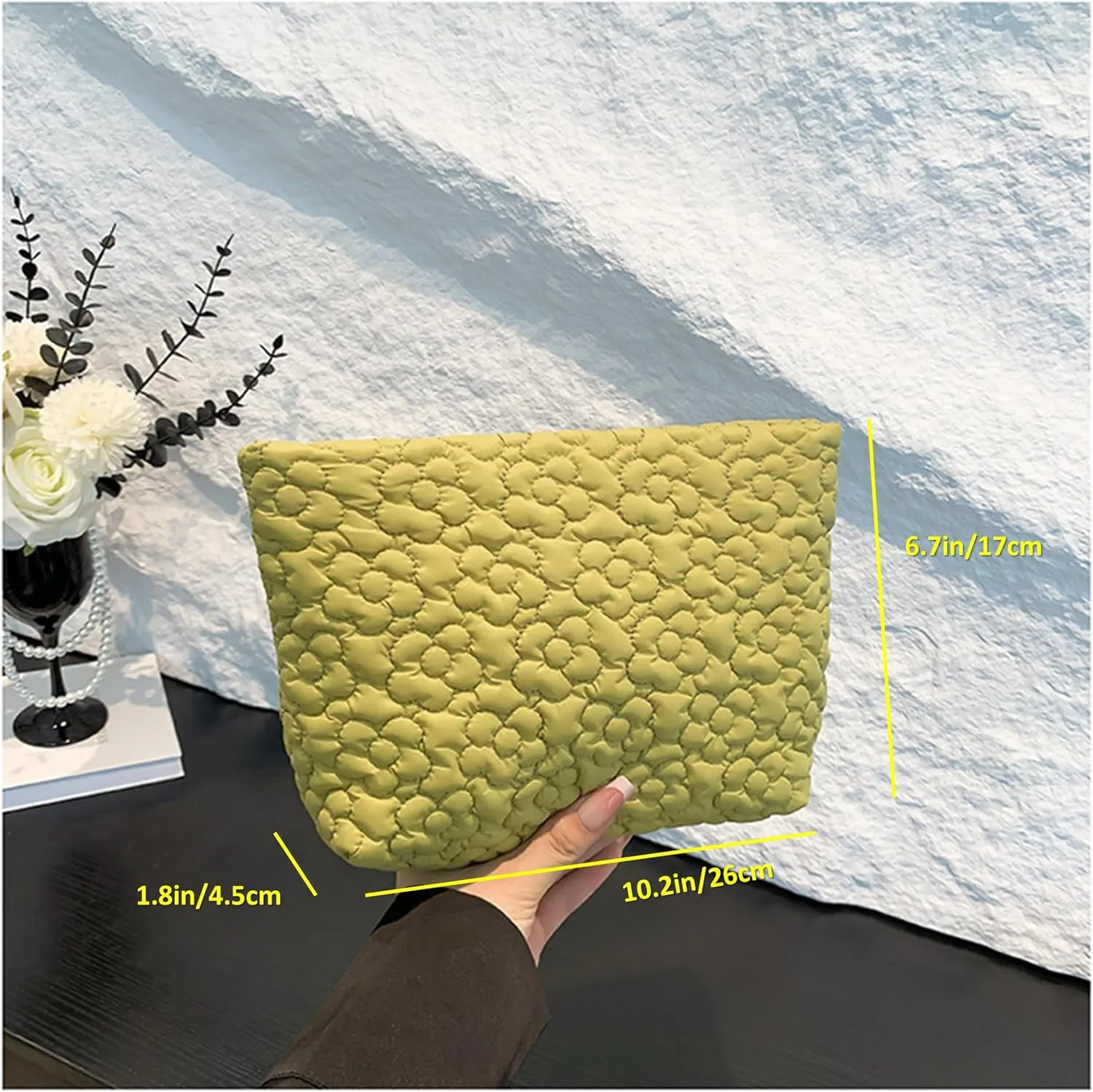 Puffy Quilted Makeup Bag for Women, Cosmetic Bag, Travel Toiletry Organizer Pouch Clutch (Green Flowers)