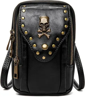 Punk Gothic Skull Carry Purse Women Handbag Single Shoulder Waist Bag Cell phone Wallet Steampunk Retro Women Travel Purse Motorcycle Bag Stud Rivet Fashion,Black,803,Small