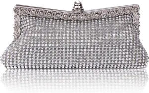 Purpura Erizo Damara Womens Dimple Mesh Crystals Mini Clutch Evening Bag, Silver
