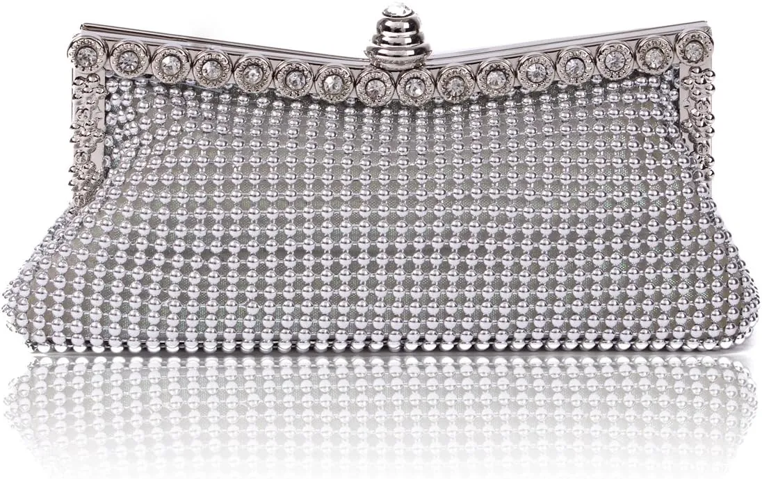 Purpura Erizo Damara Womens Dimple Mesh Crystals Mini Clutch Evening Bag, Silver