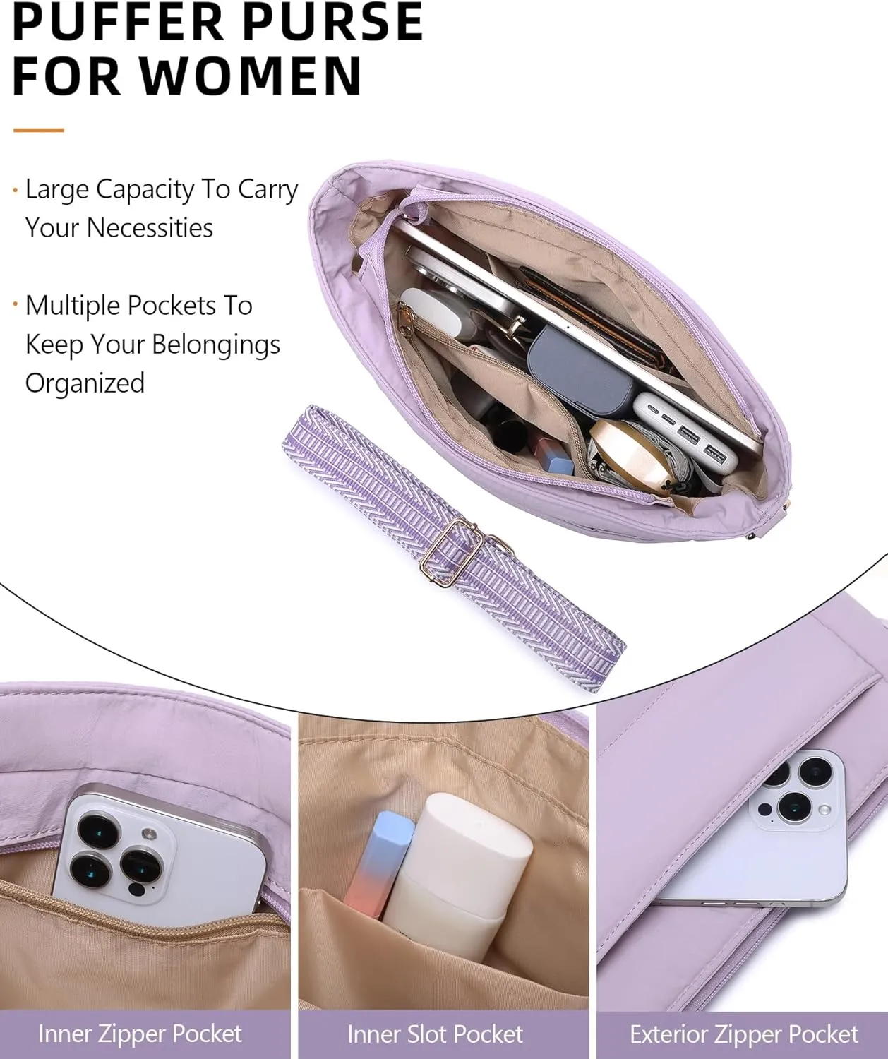 Purses for Women 2PCS Puffer Quilted Crossbody Shoulder Hobo Bags Trendy Ladies Handbag with Coin Wallet 2 Adjustable Straps