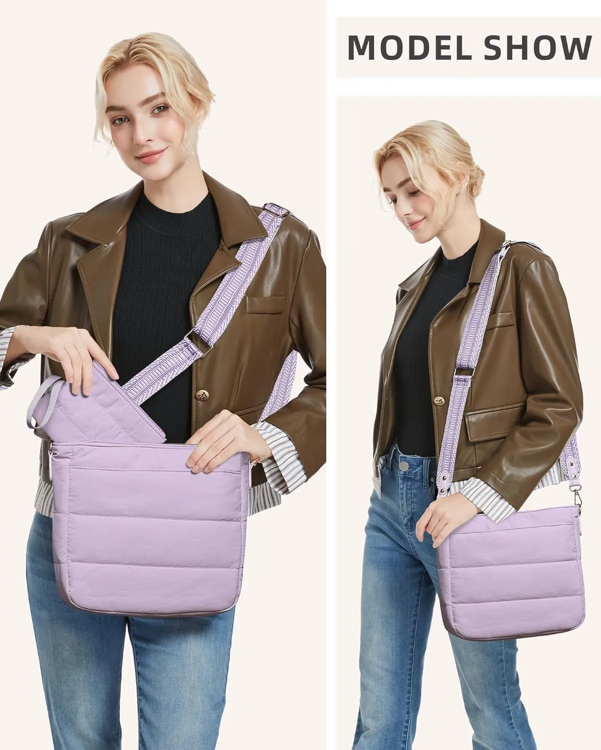 Purses for Women 2PCS Puffer Quilted Crossbody Shoulder Hobo Bags Trendy Ladies Handbag with Coin Wallet 2 Adjustable Straps