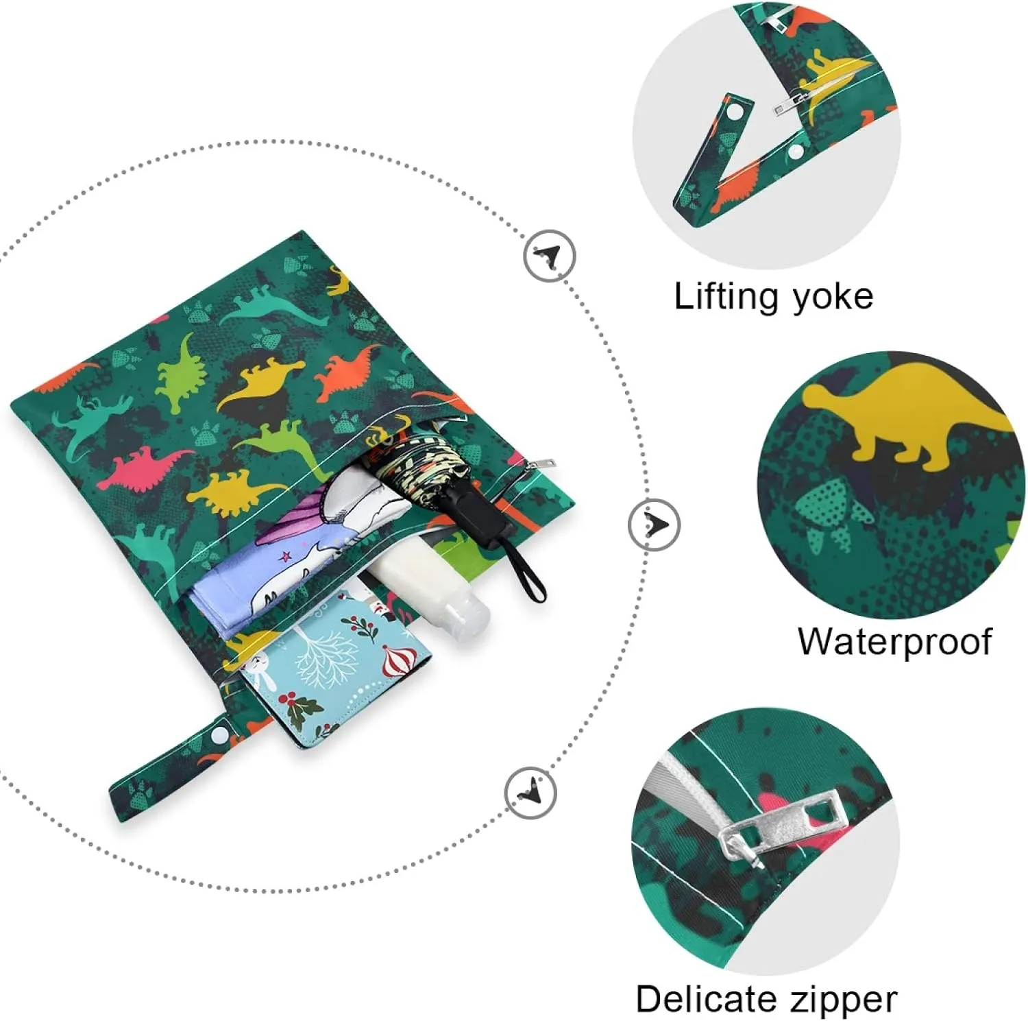 Qilmy 2pcs Dinosaur Wet Dry Bag Waterproof Reusable Baby Cloth Diaper Wet Dry Organizer for Travel, Beach, Stroller, Diapers, Wet Swimsuits, Toiletries