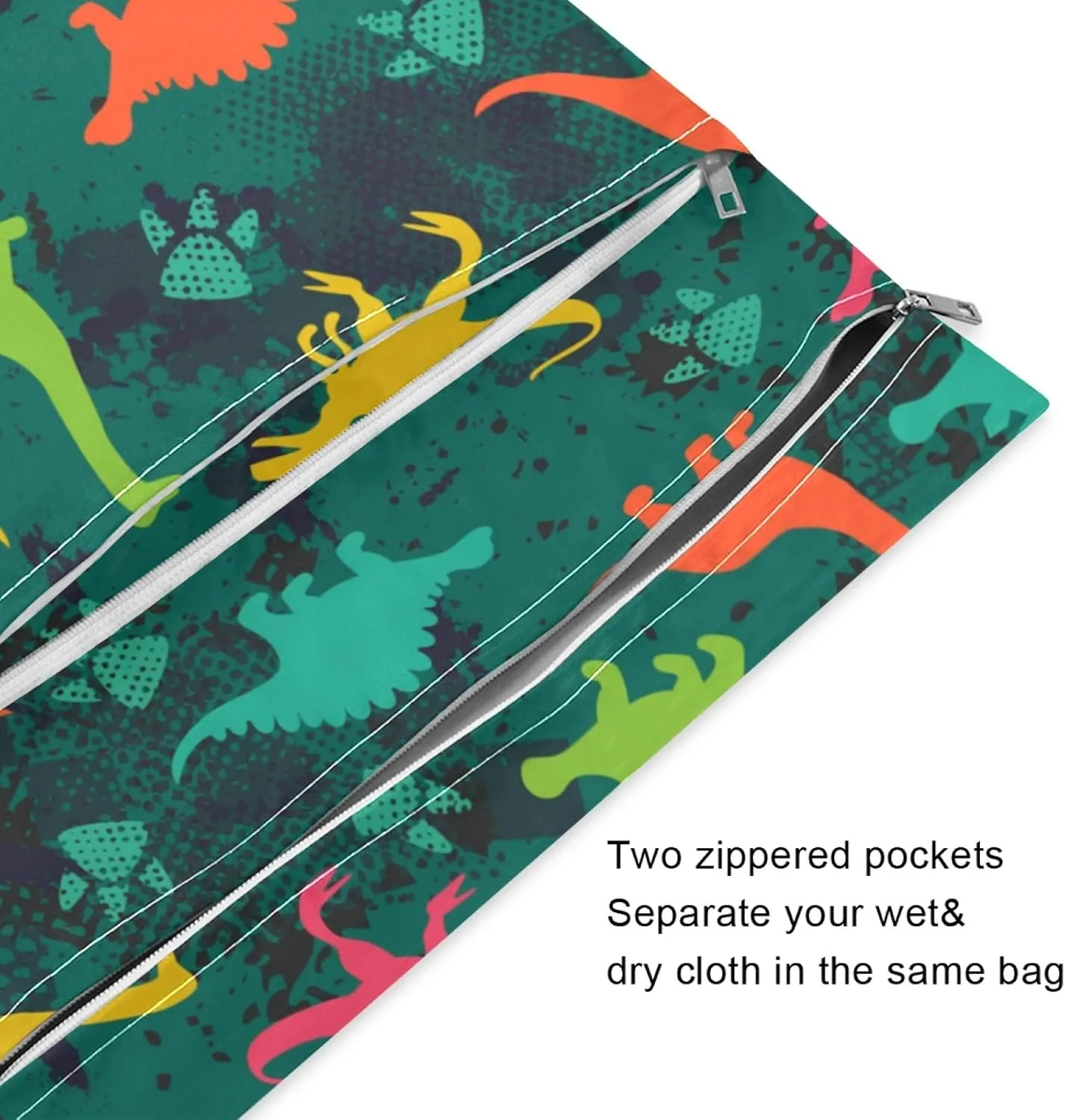 Qilmy 2pcs Dinosaur Wet Dry Bag Waterproof Reusable Baby Cloth Diaper Wet Dry Organizer for Travel, Beach, Stroller, Diapers, Wet Swimsuits, Toiletries