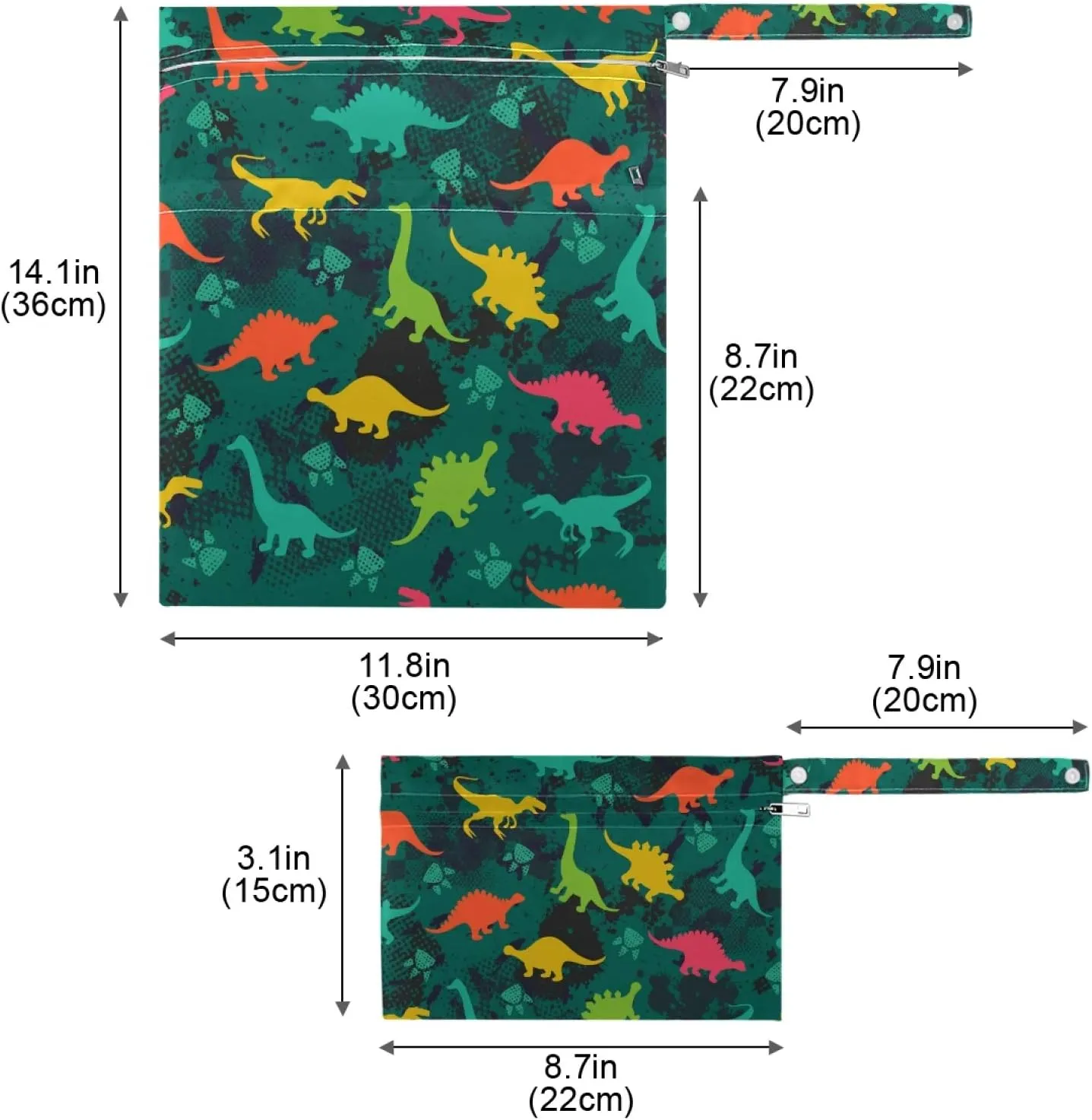 Qilmy 2pcs Dinosaur Wet Dry Bag Waterproof Reusable Baby Cloth Diaper Wet Dry Organizer for Travel, Beach, Stroller, Diapers, Wet Swimsuits, Toiletries