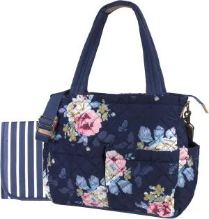 Quilted Diaper Bag Crossbody Tote Purse with Changing Pad & 10 Pockets in Blue