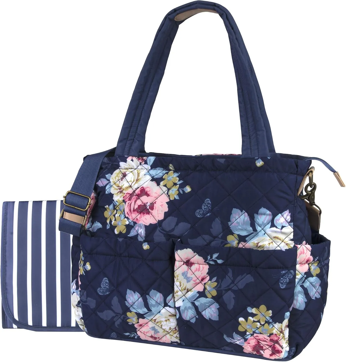Quilted Diaper Bag Crossbody Tote Purse with Changing Pad & 10 Pockets in Blue