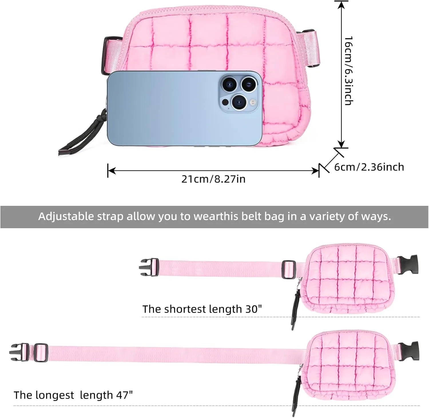 Quilted Puffer Belt Bag, Everywhere Waist Fanny Packs, Lightweight Crossbody Bag with Adjustable Strap, Pink